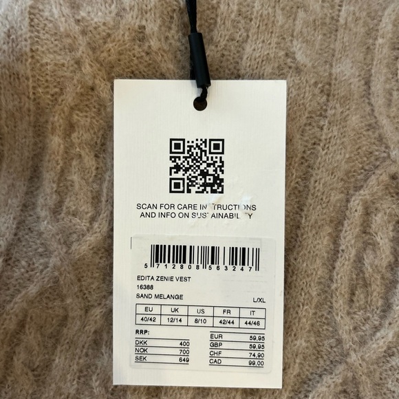 Moss Copenhagen NWT EDITA
 ZENIE Tan Wool Cable  Knit VEST Sz L - Picture 5 of 7